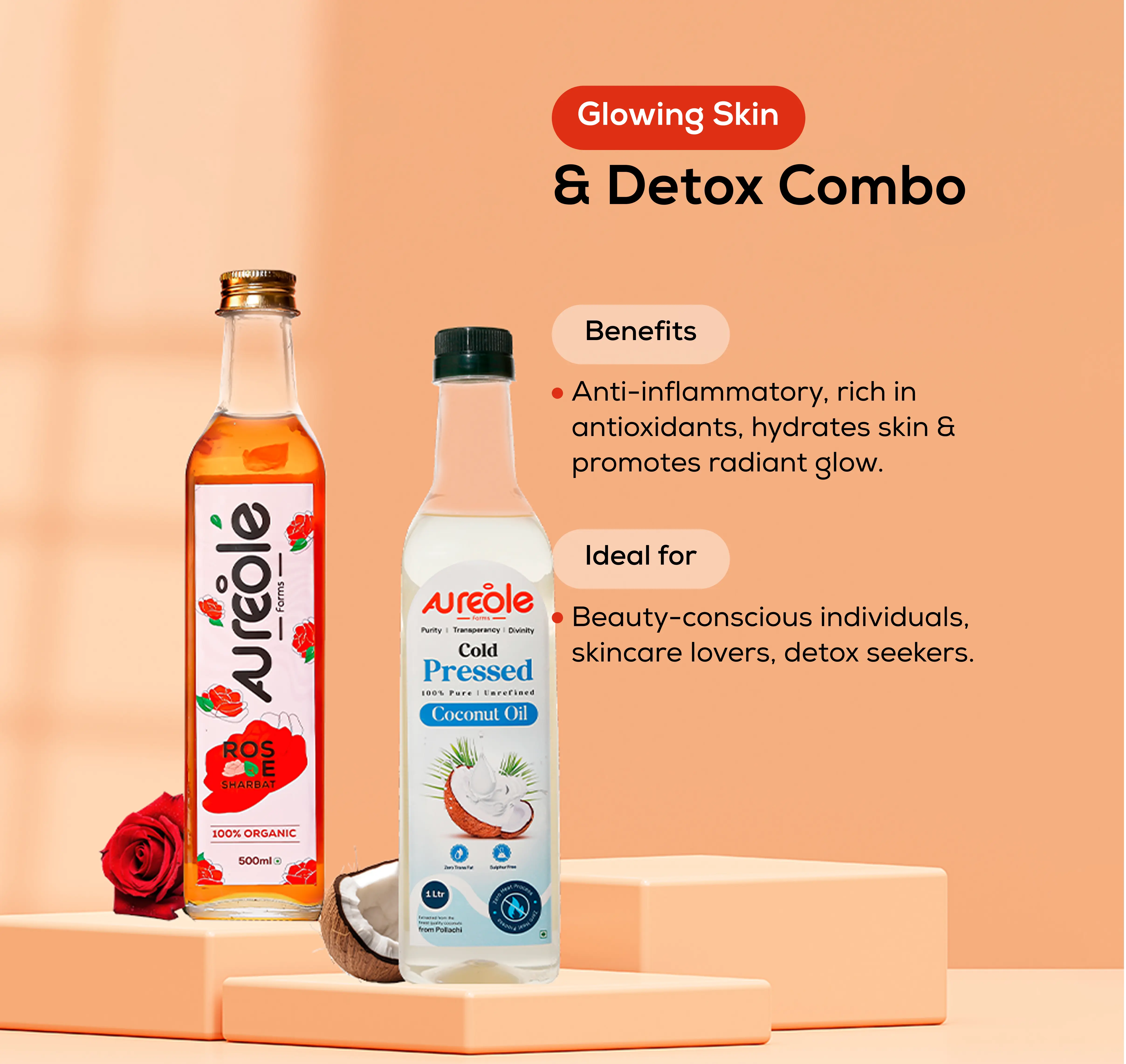 Glowing Skin & Detox Combo : Organic Rose Sharbat + Coconut Oil