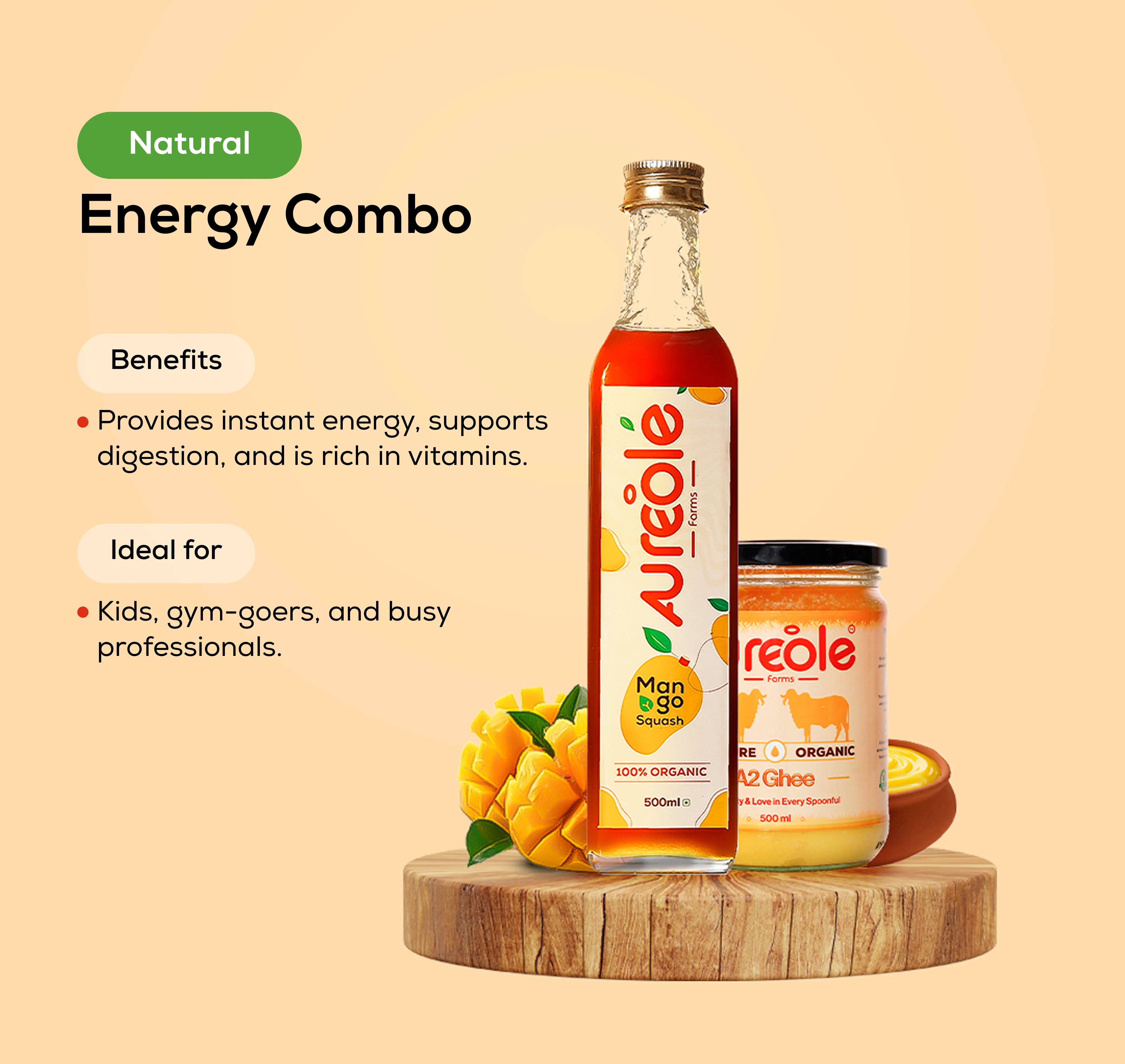 Natural Energy Combo: Organic Mango Squash + Organic A2 Ghee