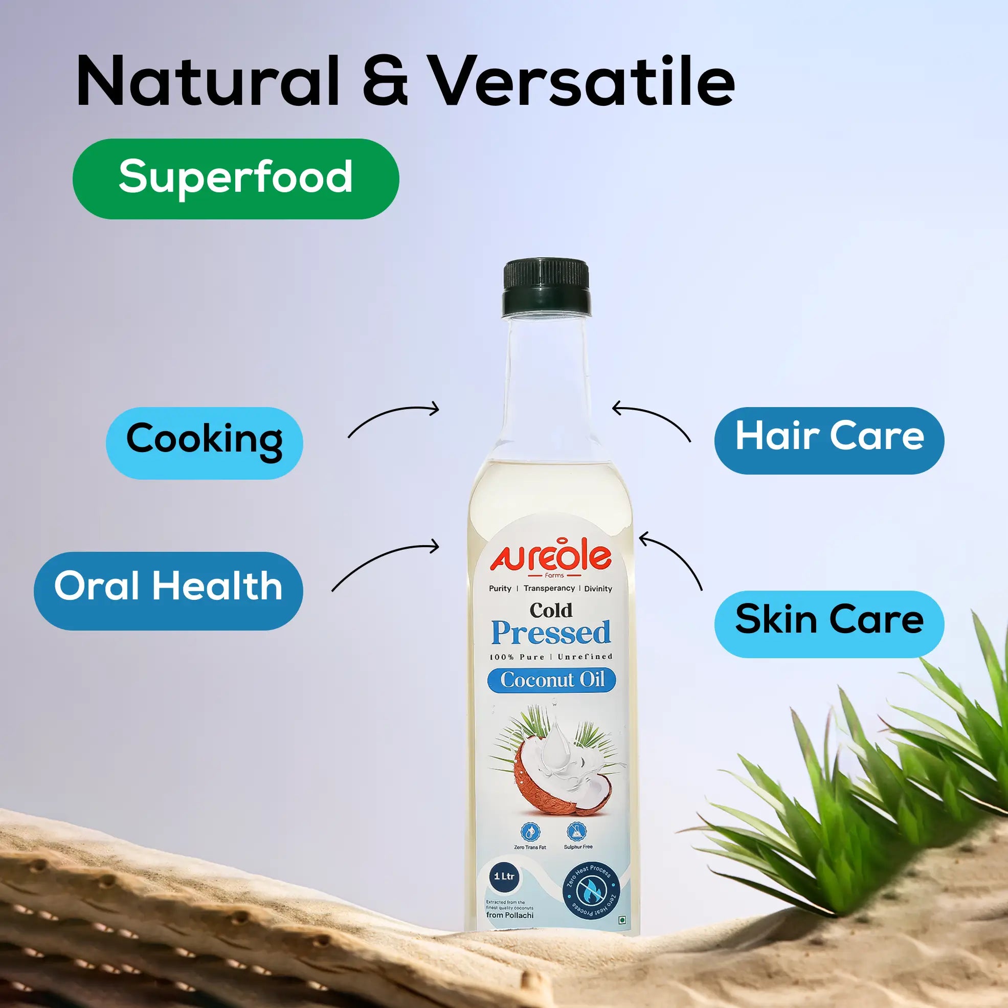 Aureole Farm Cold Pressed Coconut Oil 1 Litre | 100% Pure & Edible | Organic Virgin Coconut Oil for Cooking, Hair Growth, Baby Massage, Oil Pulling & Skin | Extra Virgin Coconut Oil | Unrefined & Unprocessed