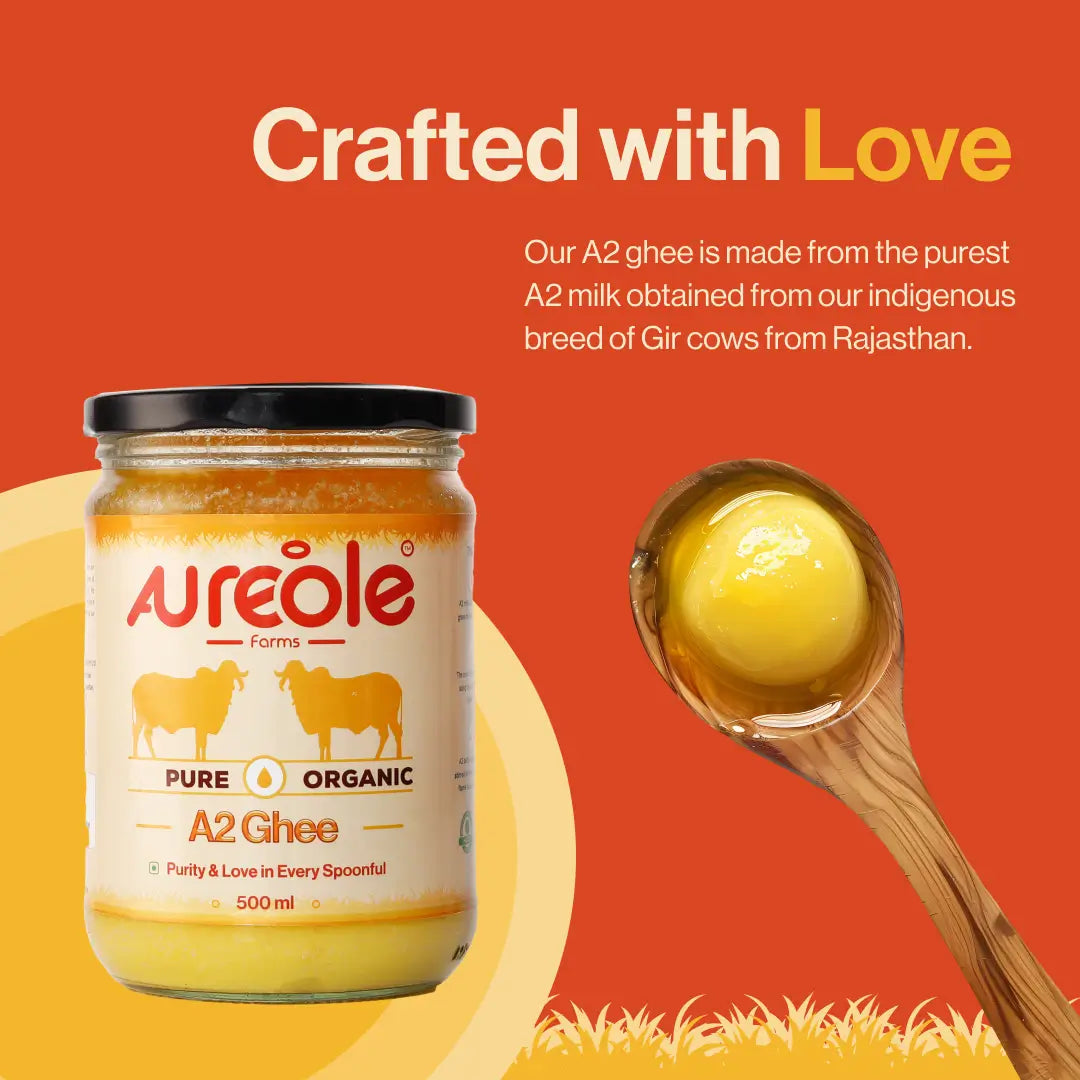 Aureole Farm A2 Cow Ghee (250 ml)| Cultured Gir Cow Ghee | Curd-Churned Bilona Ghee | Pure, Natural, and Healthy | Grass-Fed A2 Gir Cow Organic Ghee