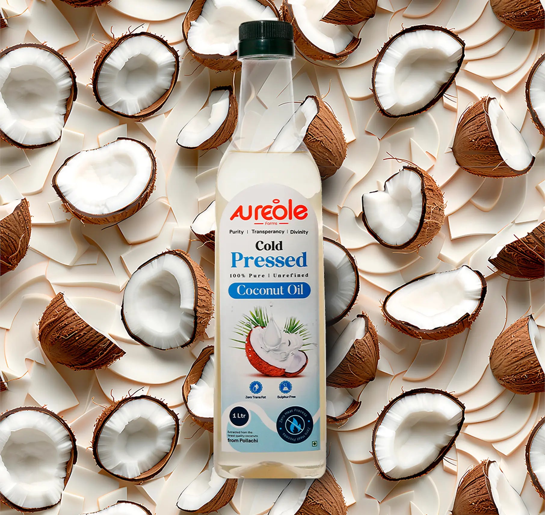 Aureole Farm Cold Pressed Coconut Oil 1 Litre | 100% Pure & Edible | Organic Virgin Coconut Oil for Cooking, Hair Growth, Baby Massage, Oil Pulling & Skin | Extra Virgin Coconut Oil | Unrefined & Unprocessed