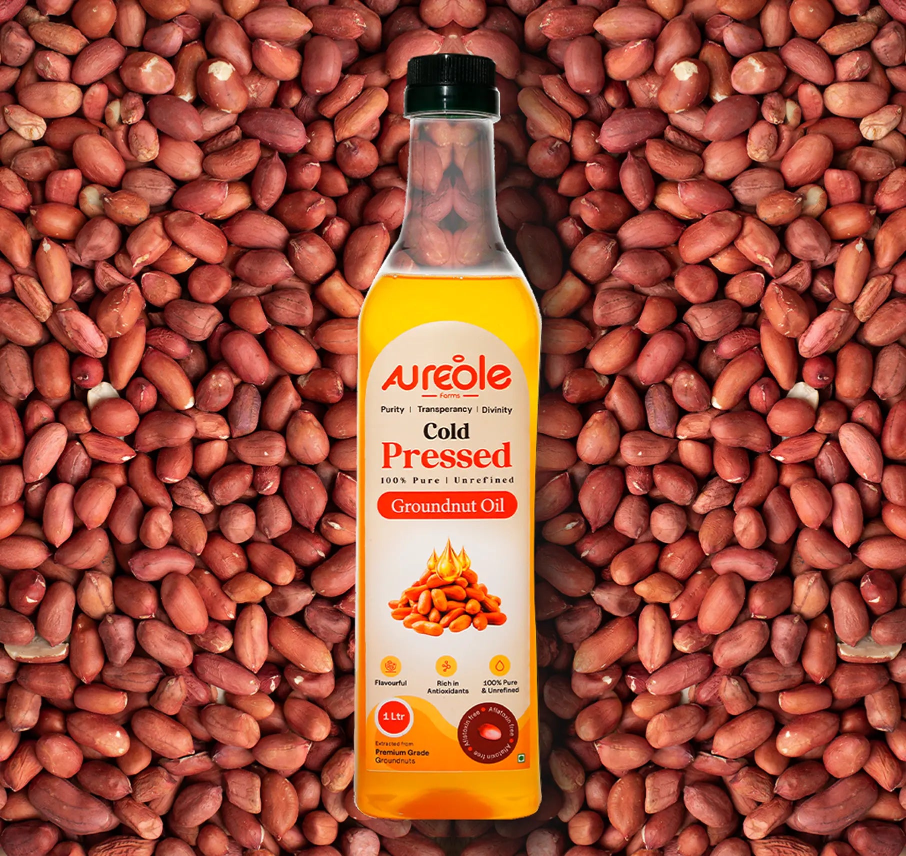 Aureole Farm Cold Pressed Groundnut Oil | Cold Pressed & Filtered | Organic Groundnut Oil | Rich in Vitamin E, Omega-6 & Plant Sterols | Boosts Heart Health, Brain Function & Immunity | Cold Pressed Peanut Oil for Cooking & Wellness