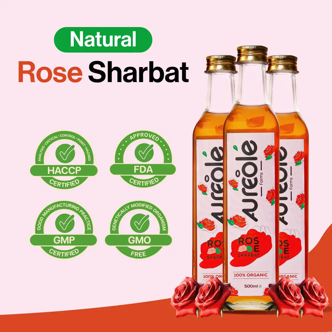 Aureole Farm 100% Organic Rose Sharbat (500ml) | Crafted from Real Rose Petals | Raw & Natural Rose Syrup